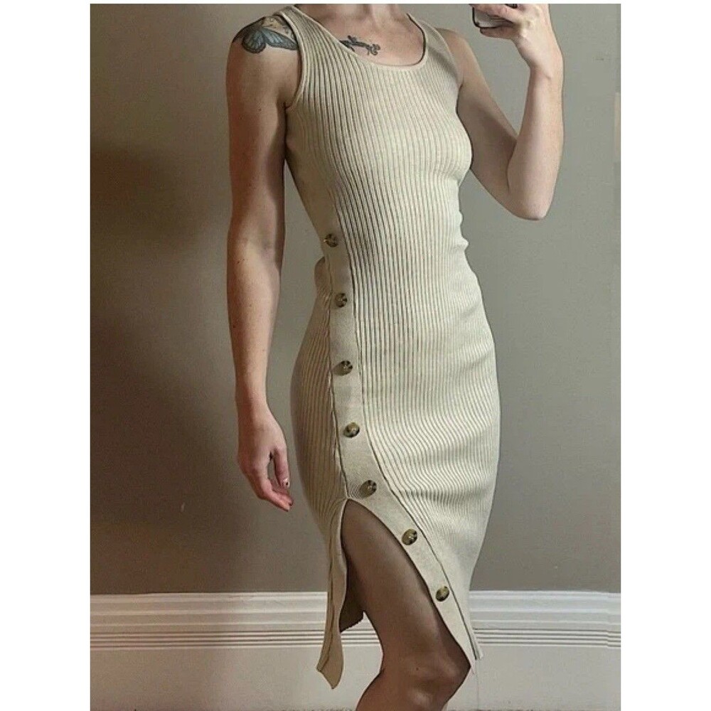 Hippie Rose Ribbed Knit Sleeveless Slit Button Dress Oatmeal-L